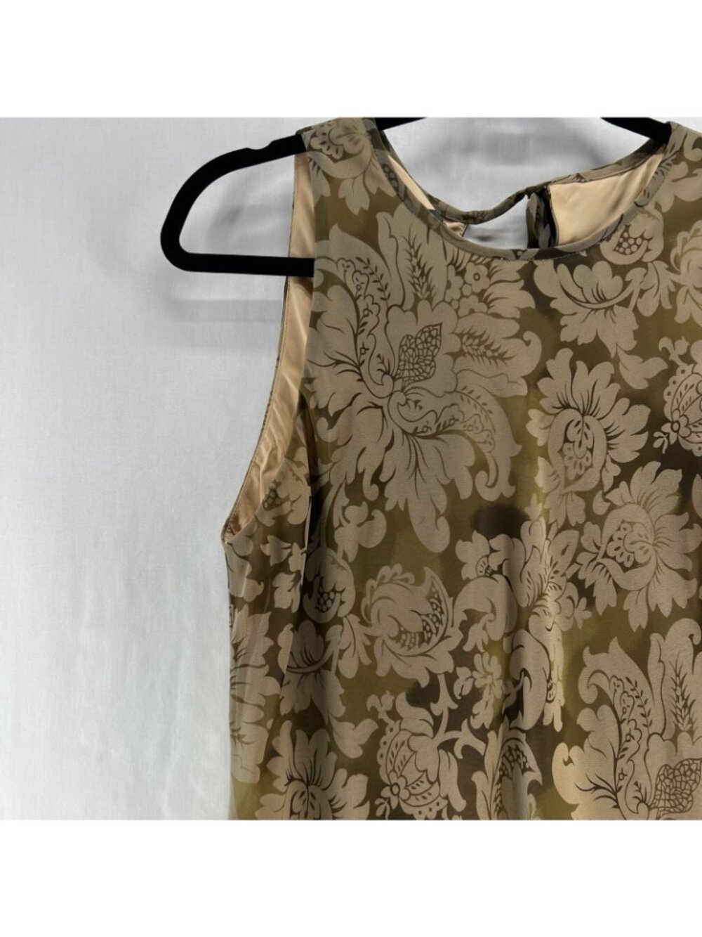 Donna Ricco Floral Chiffon A-Line Dress Womens 10 Tie Keyhole Sleeveless Vtg Tan - Picture 9 of 13